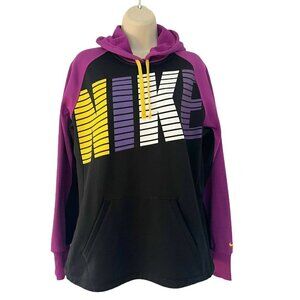 Nike Therma Fit Woman's Sz M Black Purple Pullover Hoodie Spell Out Graphic